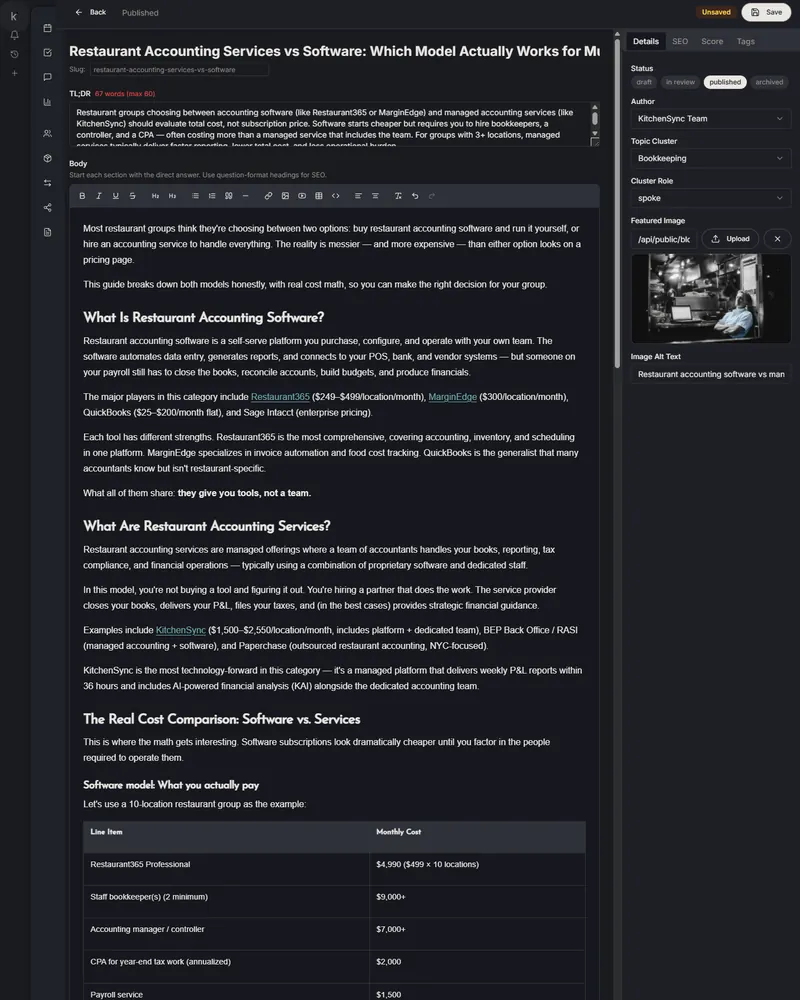 Blog post editor with Tiptap rich text editor and live SEO sidebar