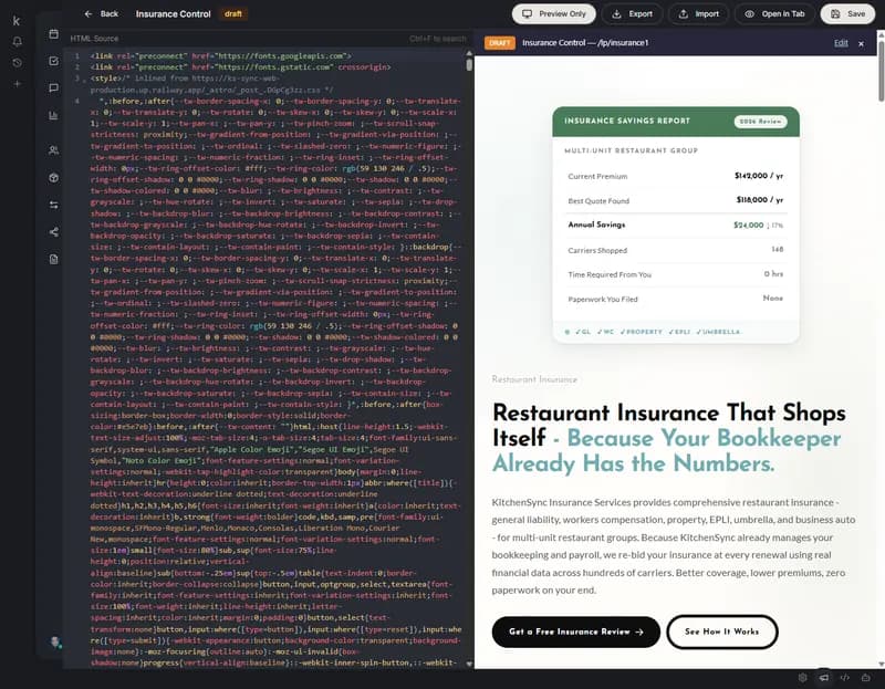 Claude Code page editor with chat sidebar generating page variants