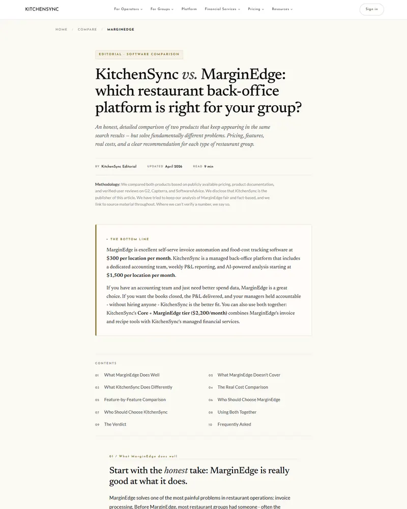 Competitor comparison page vs. Restaurant365
