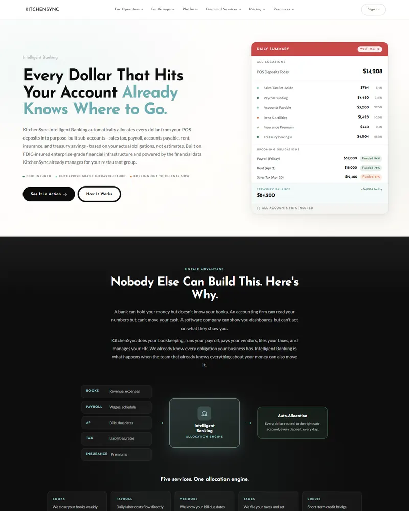Restaurant banking product landing page