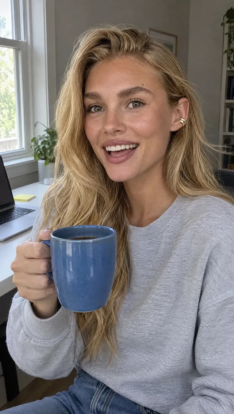 Laughing with a mug in a home office