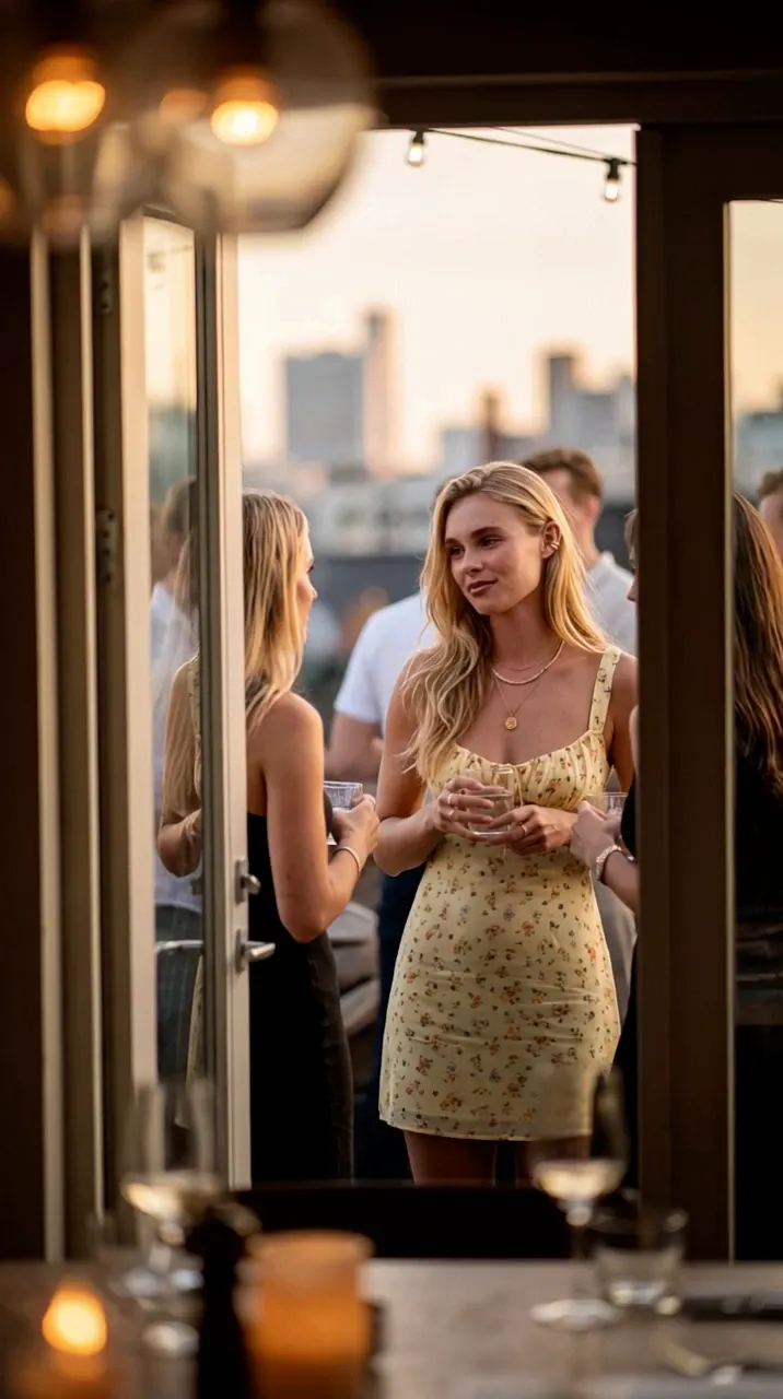 At a rooftop party at dusk